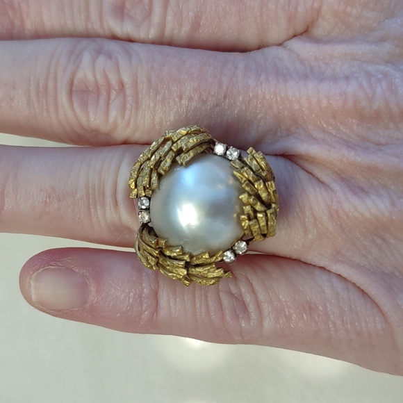 Mabe pearl ring, diamonds, 18kt Yellow Gold estate Ring vintage - Picture 2 of 16